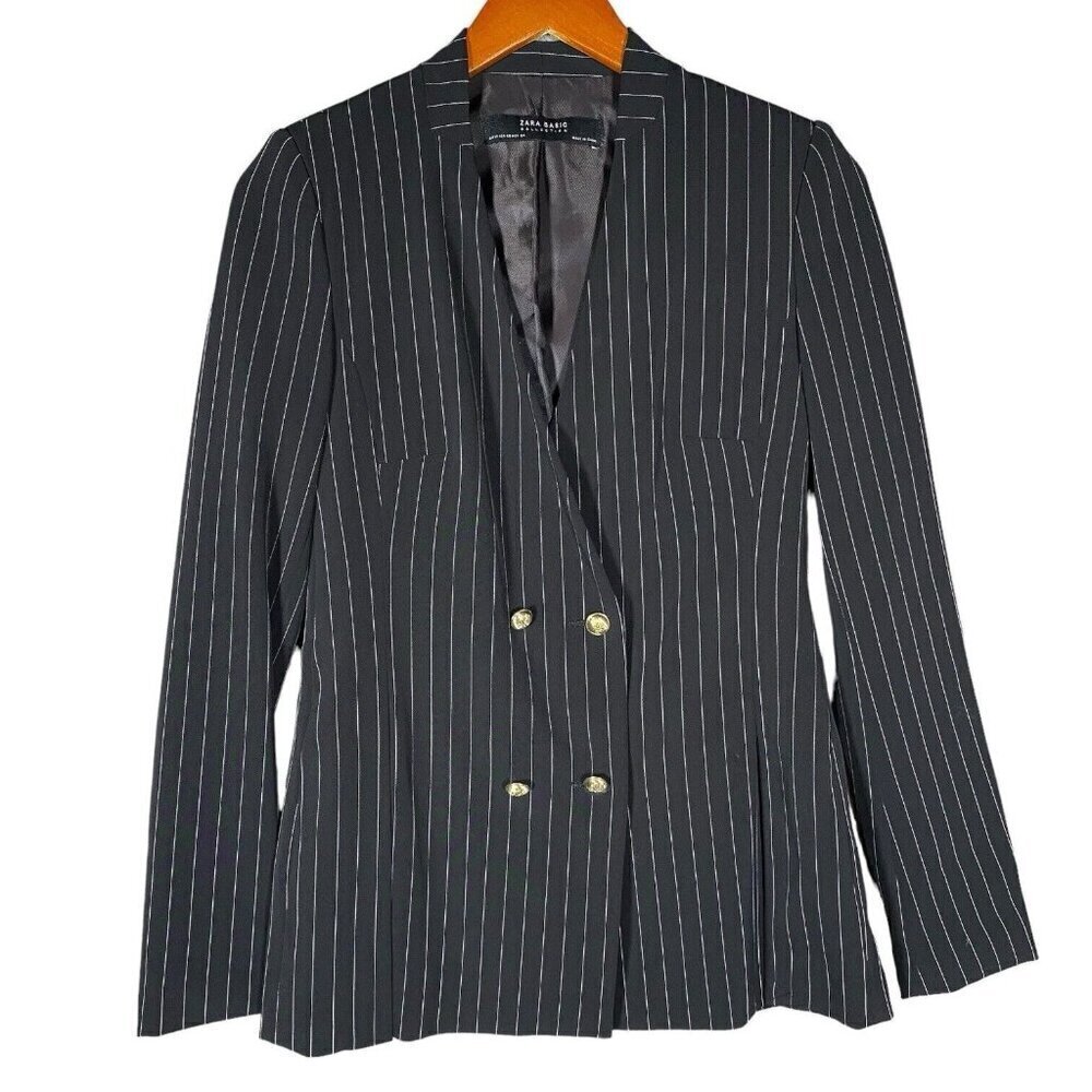 ZARA Pinstripe Blazer XS Black Double Breasted Gold Buttons Tailored Old Money